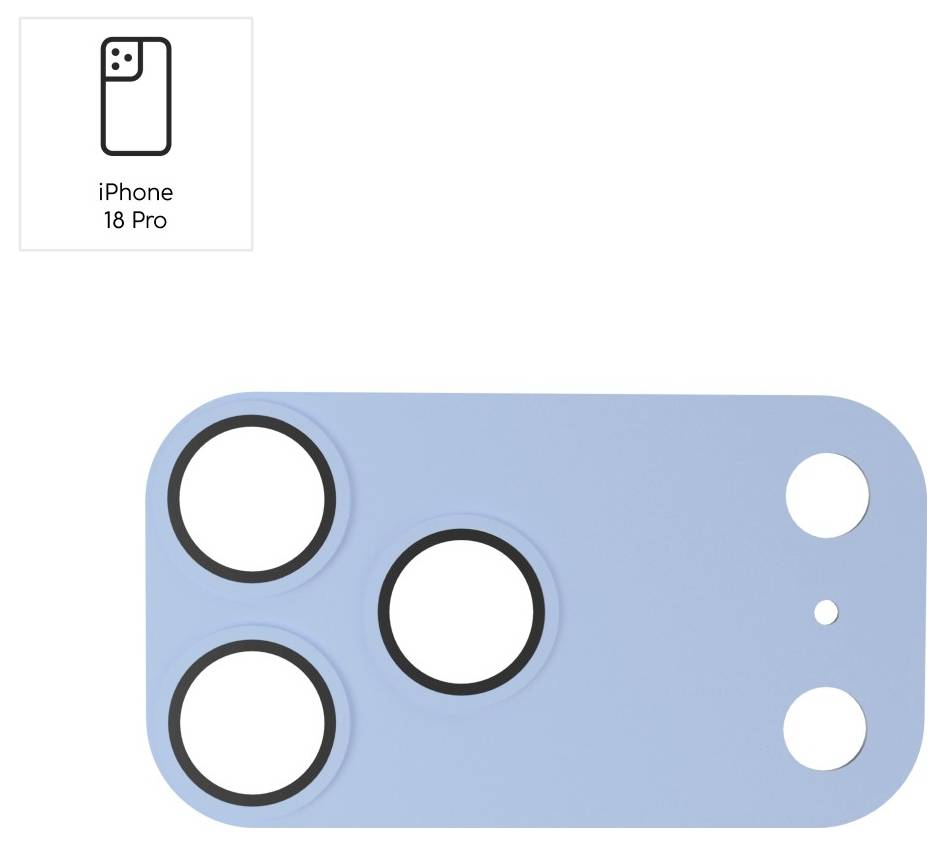 Modulu kamere iPhone 18 Pro v modri barvi s tremi velikimi odprtinami za objektive, odprtino za bliskavico in manjšo odprtino za senzor