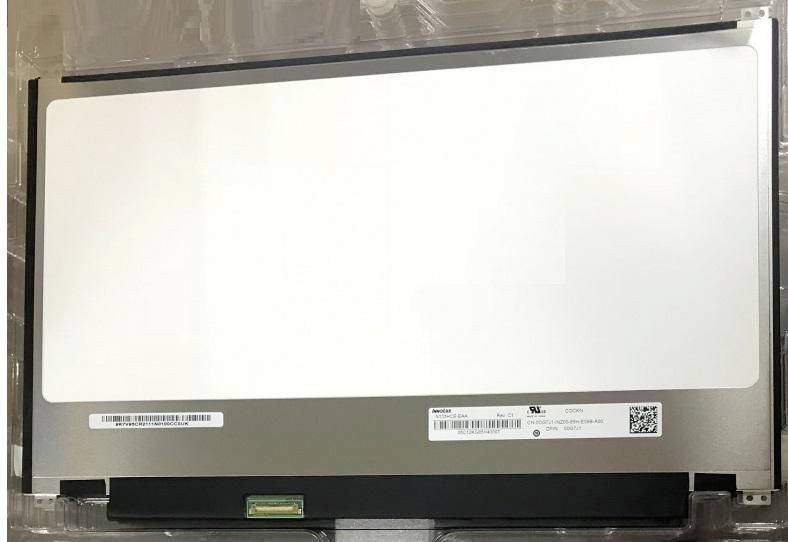 Prazen prikazovalnik LCD prenosnika z okvirjem, nalepkami s črtnimi kodi in vidno ploščo priključka na dnu.