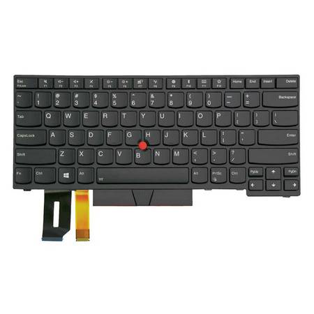 Črna tipkovnica prenosnega računalnika z rdečo napravo TrackPoint in priloženimi trakastimi kabli za dotikno ploščo od spodaj, prikazano na beli podlagi.