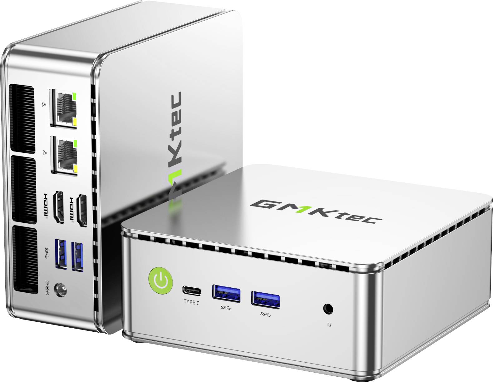 Dva srebrna Ktec mini računalnika prikazana od spredaj in od zadaj, poudarjajući Ethernet, USB, HDMI, Type-C, gumb za napajanje in zvočne vhode.