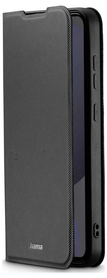 Črn folio-style etui za telefon s strukturirano sprednje stranjo, ki prikazuje telefon delno odprt v notranjosti.