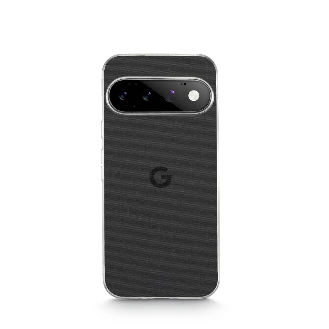 Hrbet črnega pametnega telefona Google Pixel, ki prikazuje vrstico zadnje kamere in osrednji logotip G na belem ozadju.