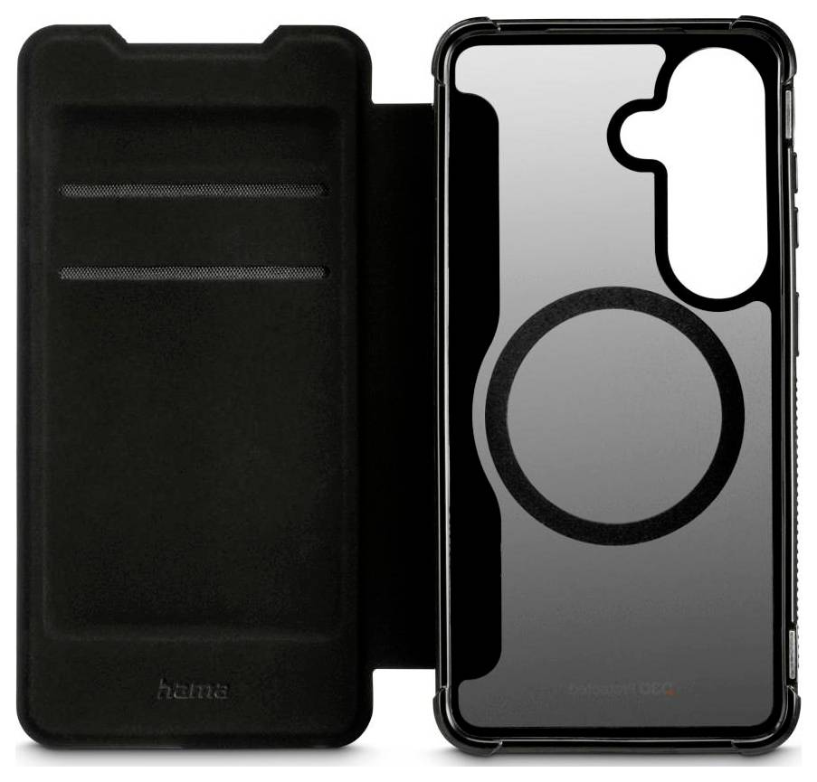 Črn etui za telefon s prozornim hrbtom in velikim okroglim magnetnim obročem v slogu MagSafe, prikazano odprto, da je vidna notranjost in izrez za kamero.