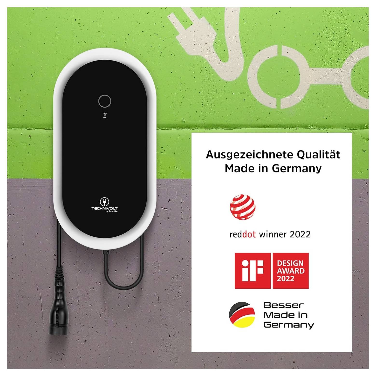 Črno-bela polnilna naprava TechniVolt, pritrjena na steno, poleg znaka z napisom 'Ausgezeichnete Qualität Made in Germany' z logotipoma Red Dot in iF Design Award ter logotipom 'Besser Made in Germany'.