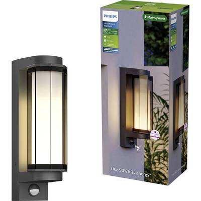 Zunanja stenska svetilka Philips s senzorjem gibanja in napajano žarnico z 800 lumni, prikazana ob njeni embalaži.