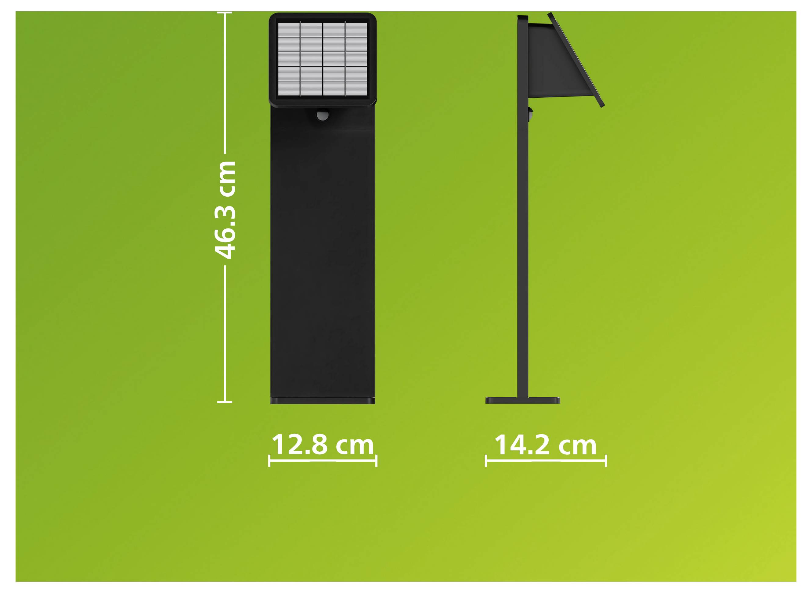 Diagram dimenzij proizvoda črne sončne vrtne svetilke: 46,3 cm visoka, 12,8 cm široka in 14,2 cm globoka.