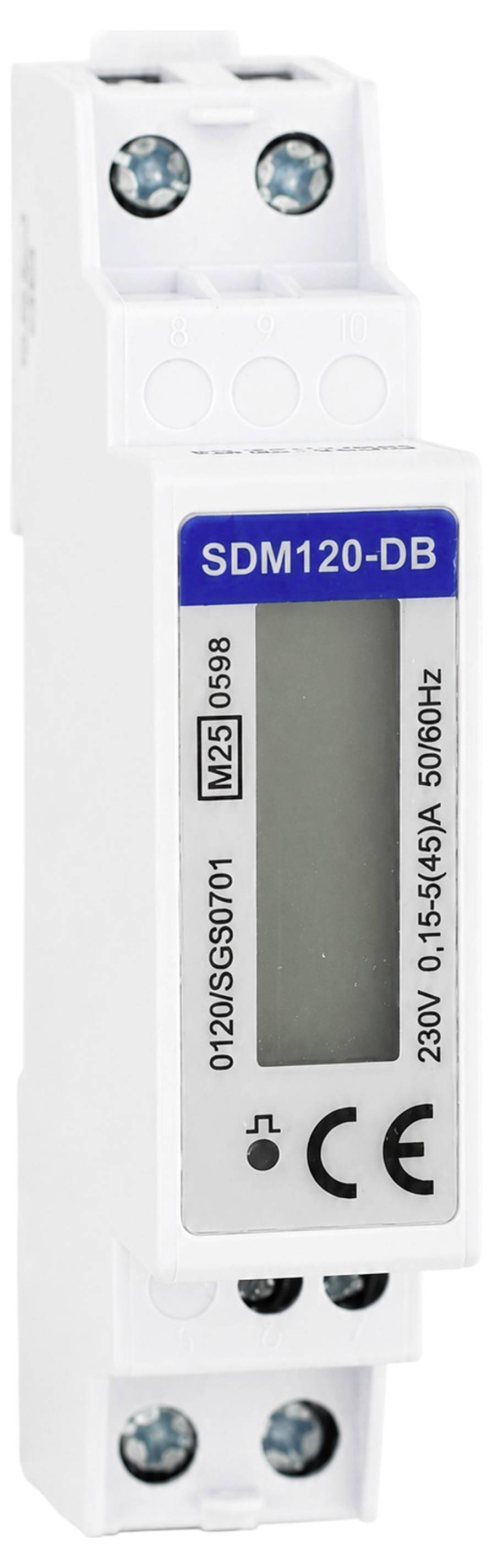 Beli tokovodni DIN-sinski električni pripomoček z oznako »SDM120-DB« z LCD prikazom, dvema sponkama za priklop in oznako CE, namenjen spremljanju moči na 230V vezju.
