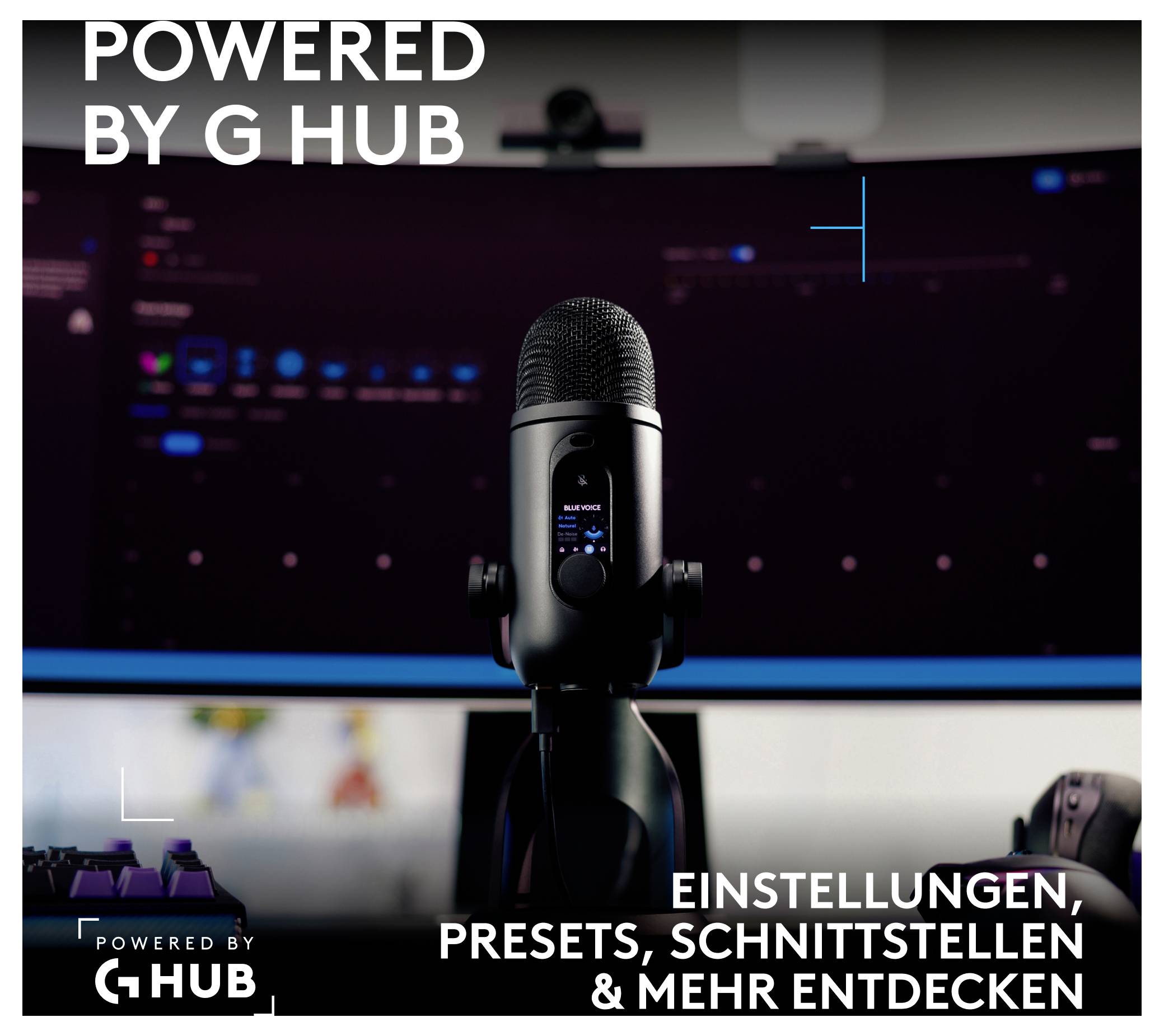 Promocijska slika namiznega mikrofona z besedilom "POWERED BY G HUB" in "ODKRIJTE NASTAVITVE, PREDNASTAVKE, VMESNIKE IN ŠE VELIKO VEČ" na temnem ozadju vmesnika.