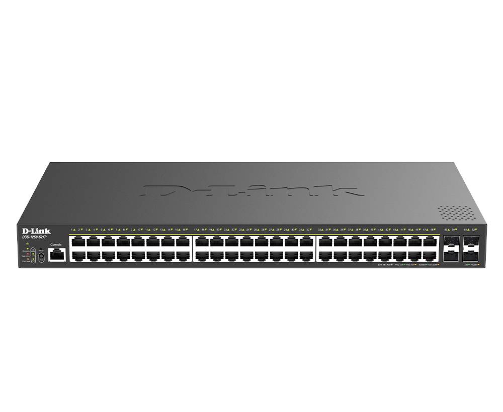 Frontalni pogled na omrežni stikalni člen D-Link s 48 vrati Ethernet in dvema vtičnima vratoma na sivi napravi za montažo v rack.