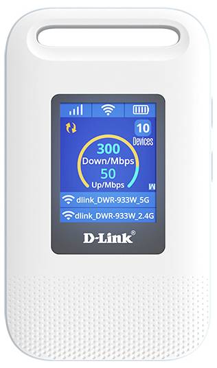 D-Link Wi‑Fi razširjevalnik signala s prikazanimi 300 Mbps navzdol in 50 Mbps navzgor, z dvopasovnimi omrežji 'dlink_DWR-933W_5G' in 'dlink_DWR-933W_2.4G' na njegovem zaslonu.