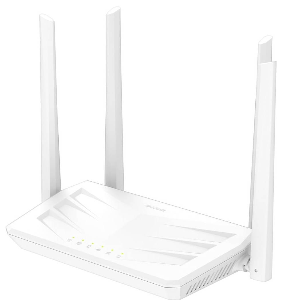 Bel usmerjevalnik Wi-Fi s štirimi pokončnimi antenami in majhnimi lučkami stanja, prikazan na čisti beli podlagi.
