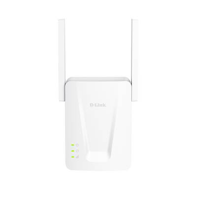 Beli D-Link Wi-Fi ojačevalnik dosega z dvema antenama in tremi zelenimi indikatorji stanja na navadnem ozadju