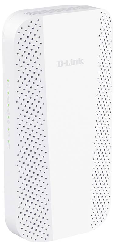 Bela D-Link usmerjevalnik/modem s perforiranimi stranicami in zelenimi indikatorji stanja na sprednji strani.