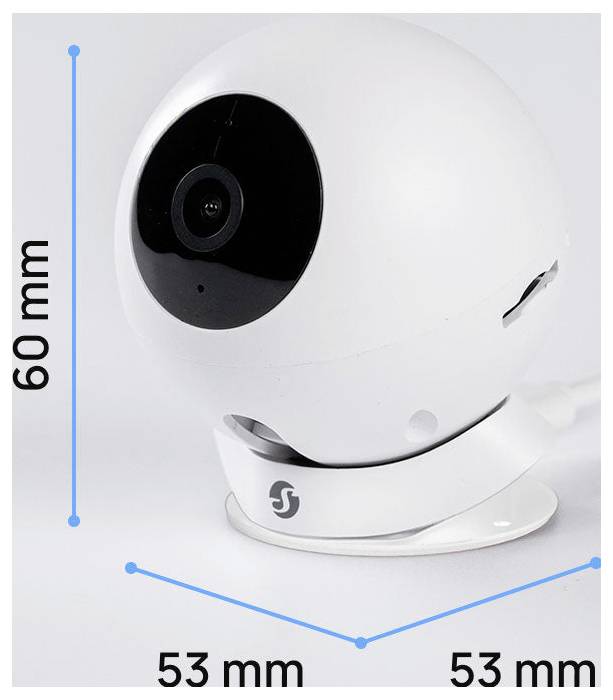 Varnostna kamera s stojalom v obliki belega kupole, prikazana z merami: 60 mm visoka in 53 mm široka.
