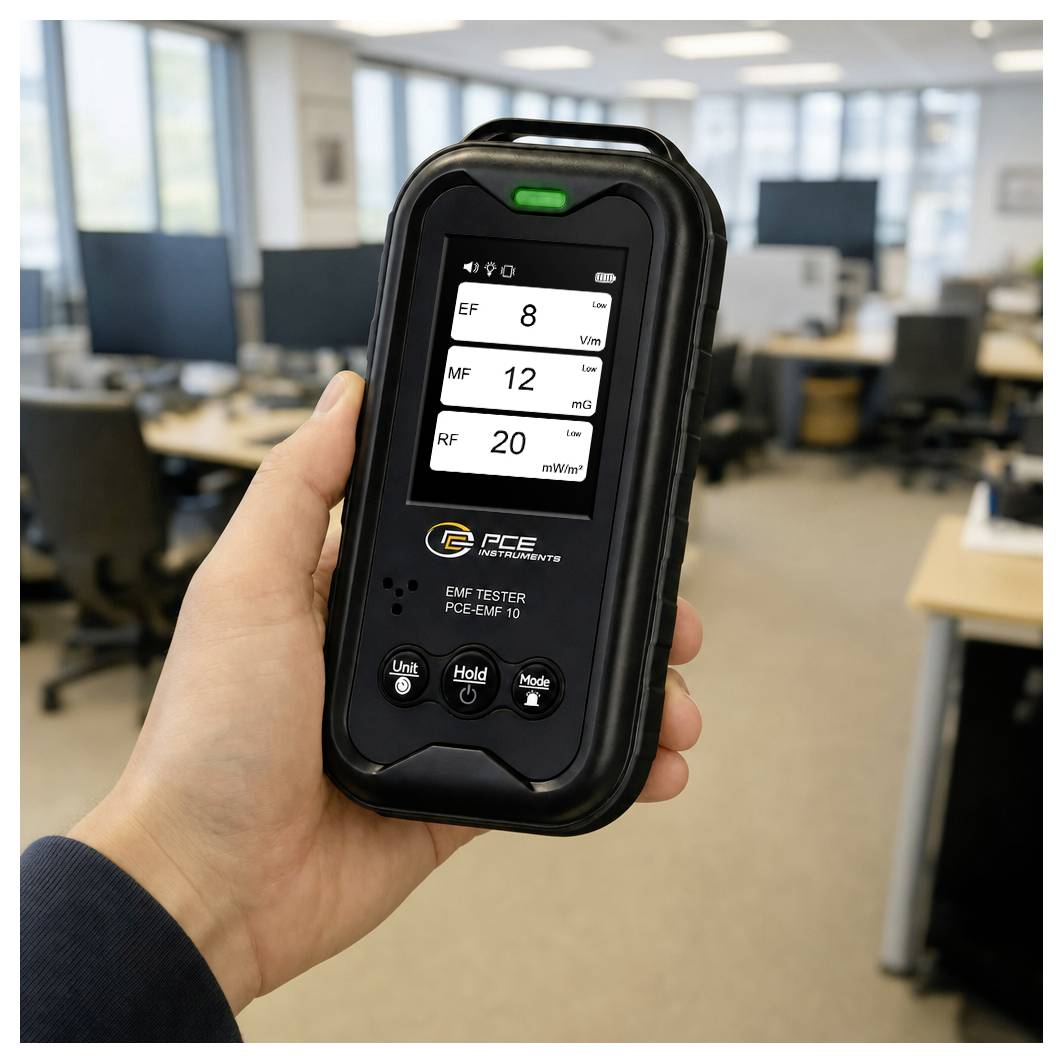 Prenosni EMF merilnik v pisarni kaže odčitke EF 8 V/m, MF 12 mG in RF 20 mW/m².