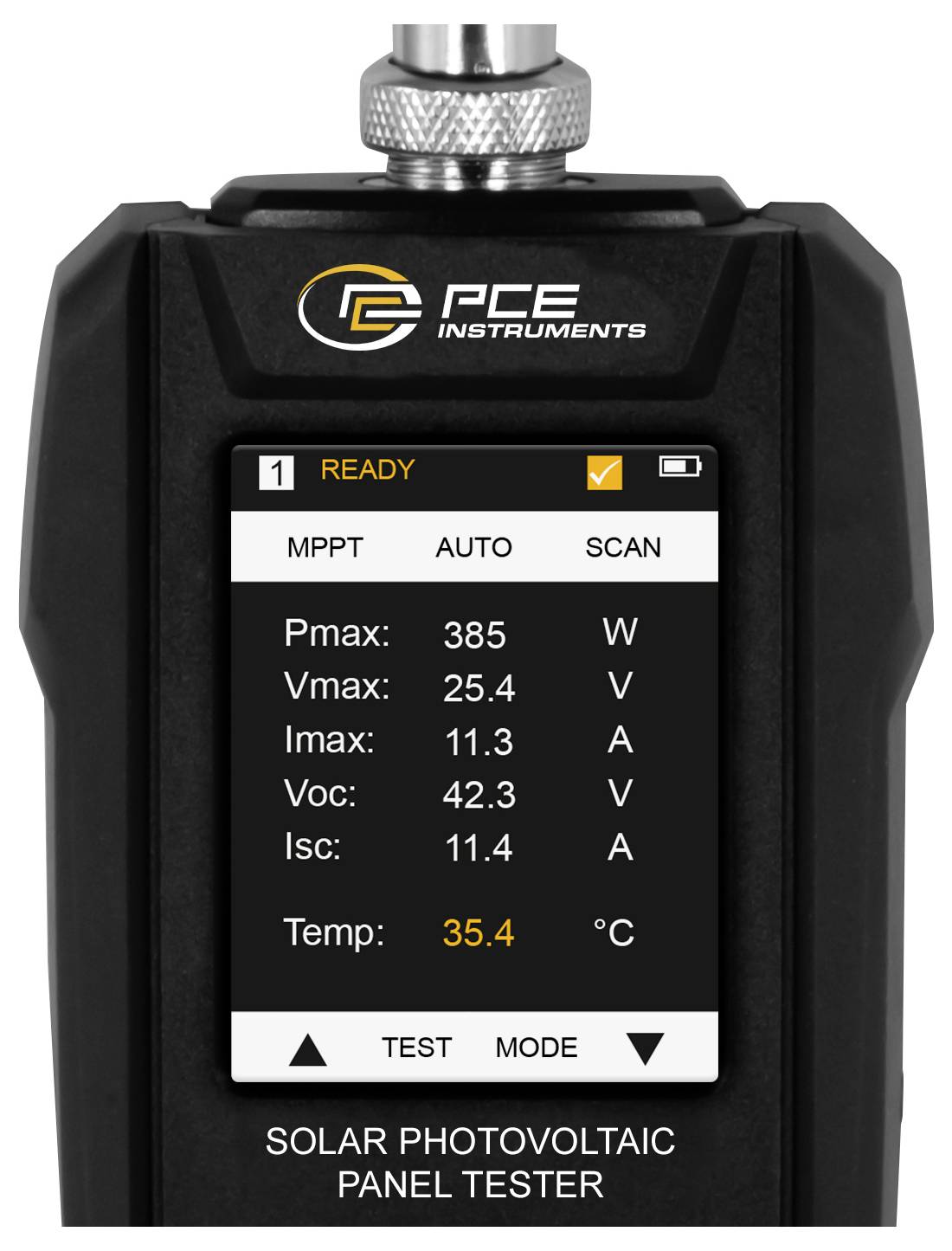 Prenosni instrument PCE za testiranje solarnih fotovoltaičnih panelov, ki prikazuje status PRIPRAVLJEN in odčitke zaslona: Pmax 385 W, Vmax 25,4 V, Imax 11,3 A, Voc 42,3 V, Isc 11,4 A, Temp 35,4 °C.