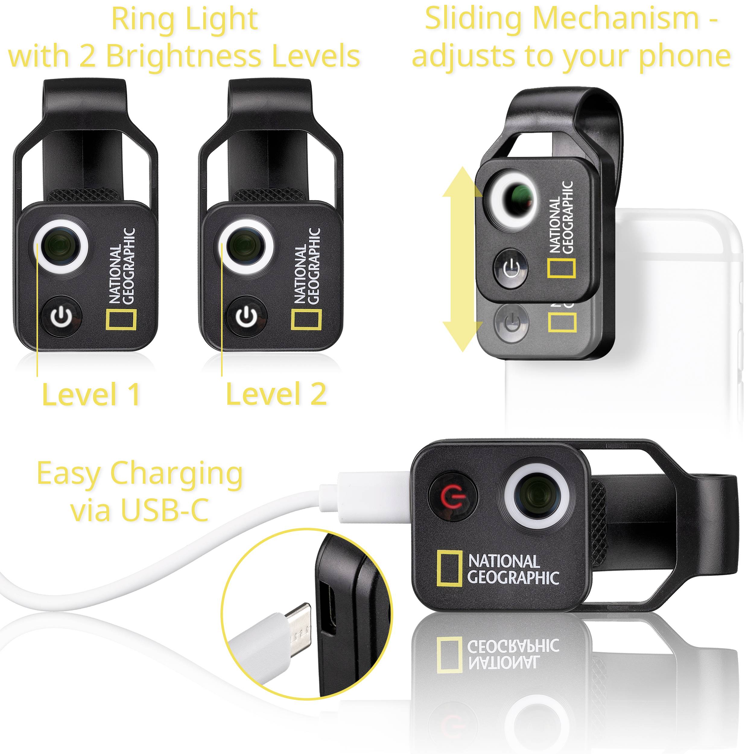 Promocijska grafika National Geographic klipne obročne svetilke za telefon, prikazujoča 2 ravni svetilnosti, nastavljivo drsno montažo in polnjenje preko USB-C.