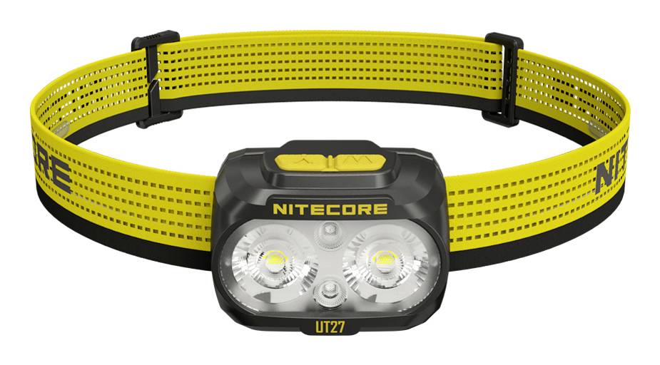 Rumena NITECORE UT27 dvojna čelna svetilka z nastavljivo čelno trakovo in spredaj obrnjeno LED svetlobno enoto na belom ozadju