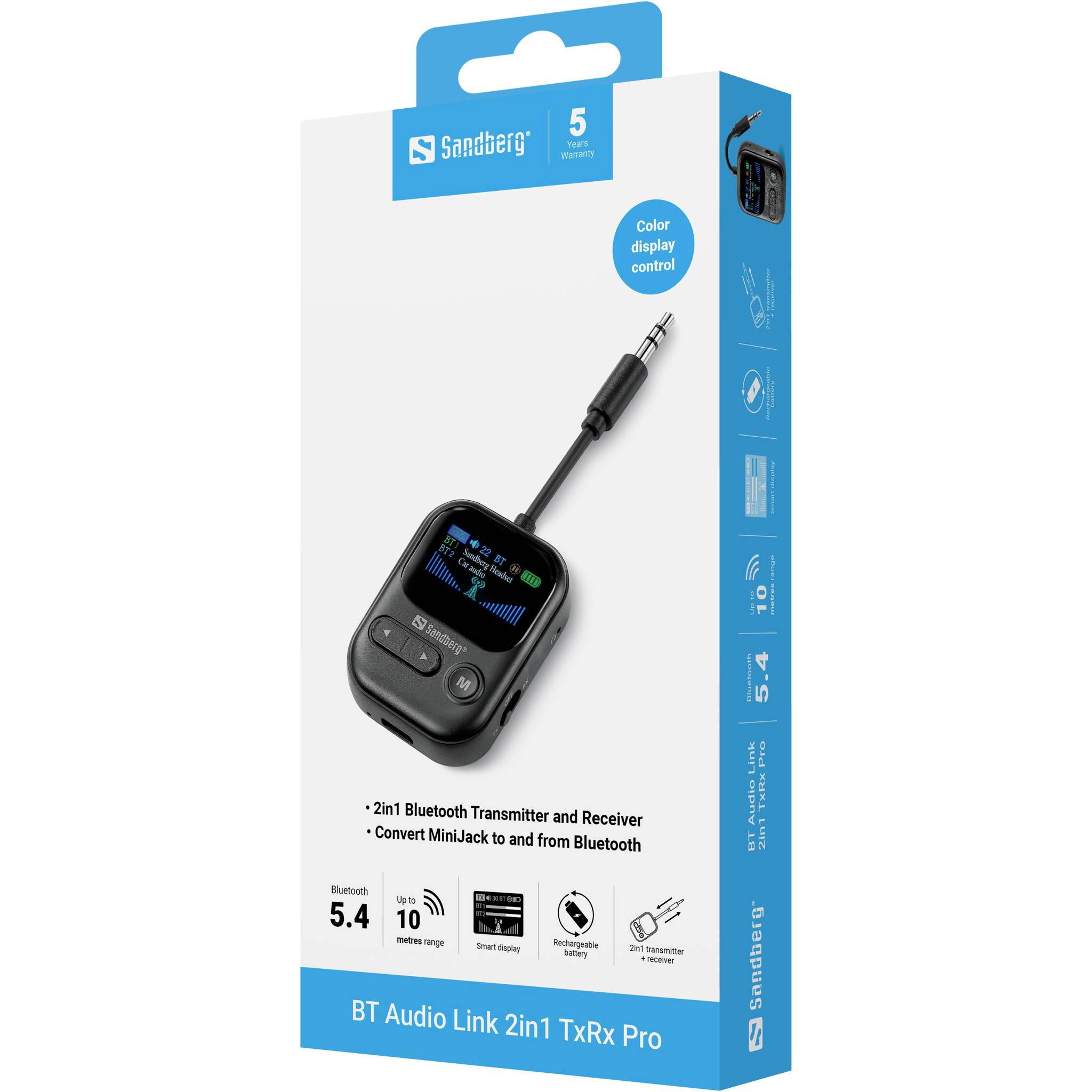 Sandberg BT Audio Link 2v1 TxRx Pro je 2-v-1 Bluetooth oddajnik/sprejemnik z barvnim zaslonom za upravljanje in mini-jack pretvorom.