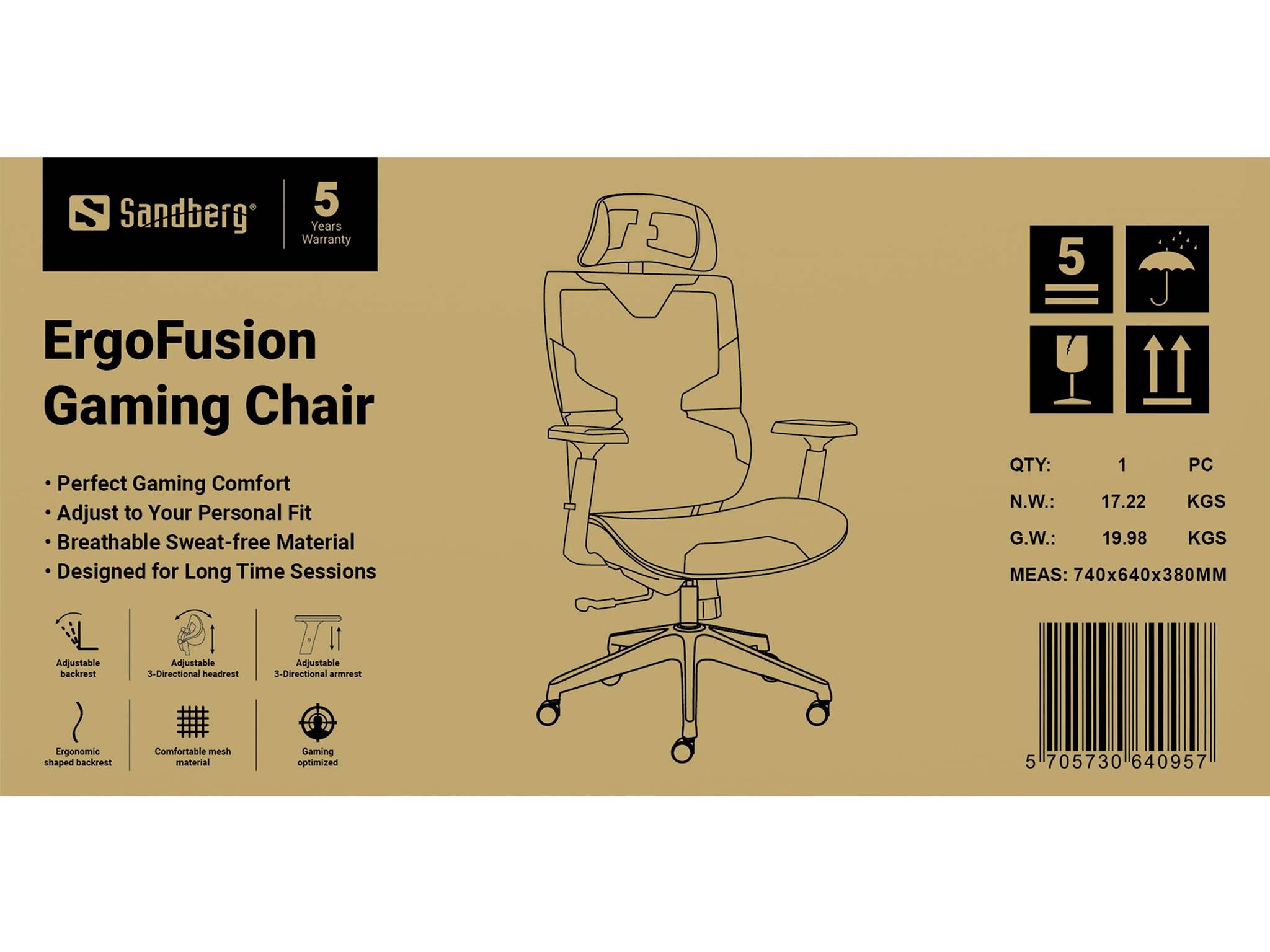 Embalaža za Sandberg ErgoFusion gaming stol, ki prikazuje linearne risbe stola, krogljice s funkcijami, ikone za ravnanje in črtno kodo s podrobnostmi o teži in velikosti.