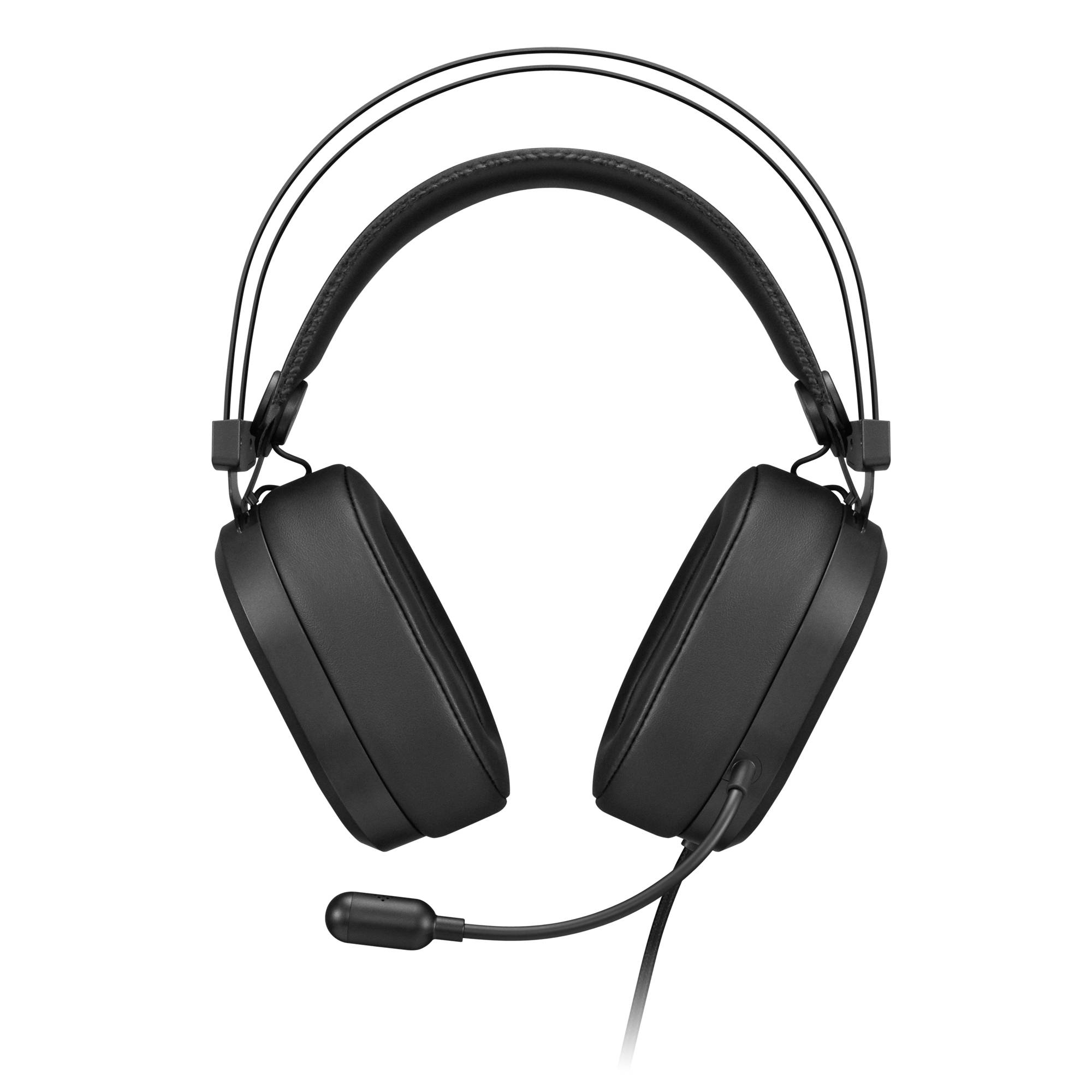 Črna naglavna Gaming slušalka s preslojenim naglavnikom in pritrjenim boom mikrofonom na beli podlagi.