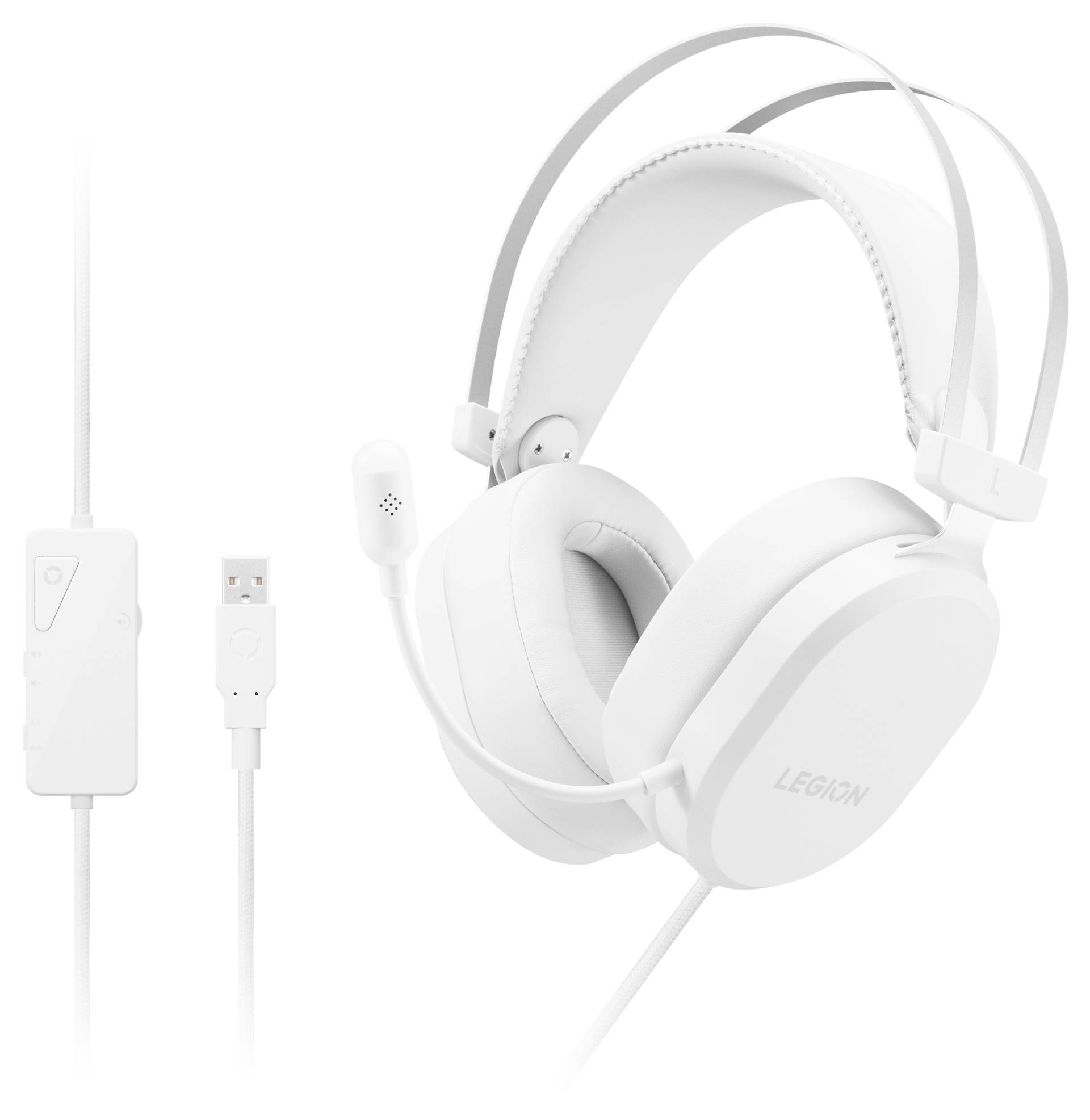 Bela naglavna gaming slušalka z nastavljivimi ušesi, pritrjenim boom mikrofonom in vgrajenim krmilnikom glasnosti na kablu, prikazana s priključkom USB na belem ozadju.