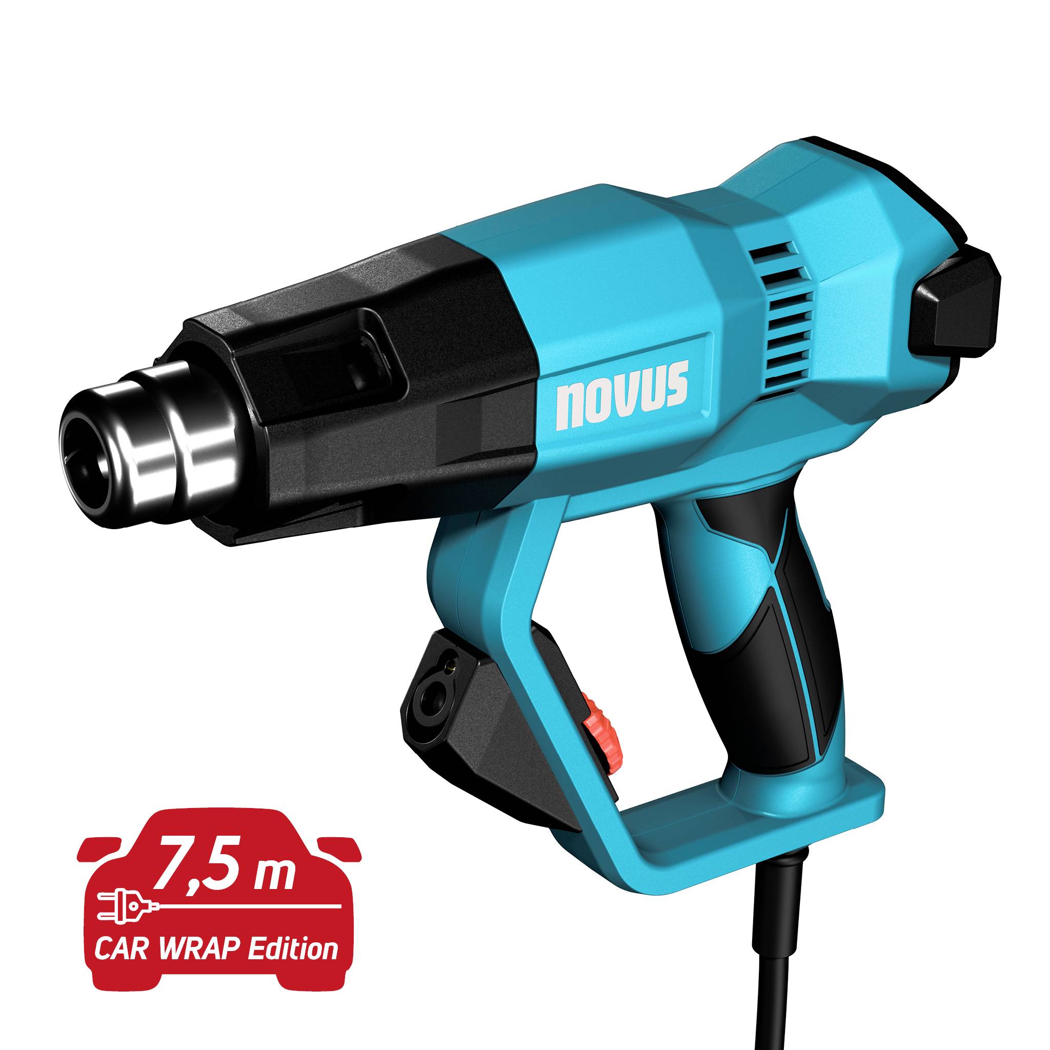Modro-črni električni toplotni pištolj z oznako »NOVUS«, prikazan z rdečim značkom, ki piše »7,5 m CAR WRAP Edition«.
