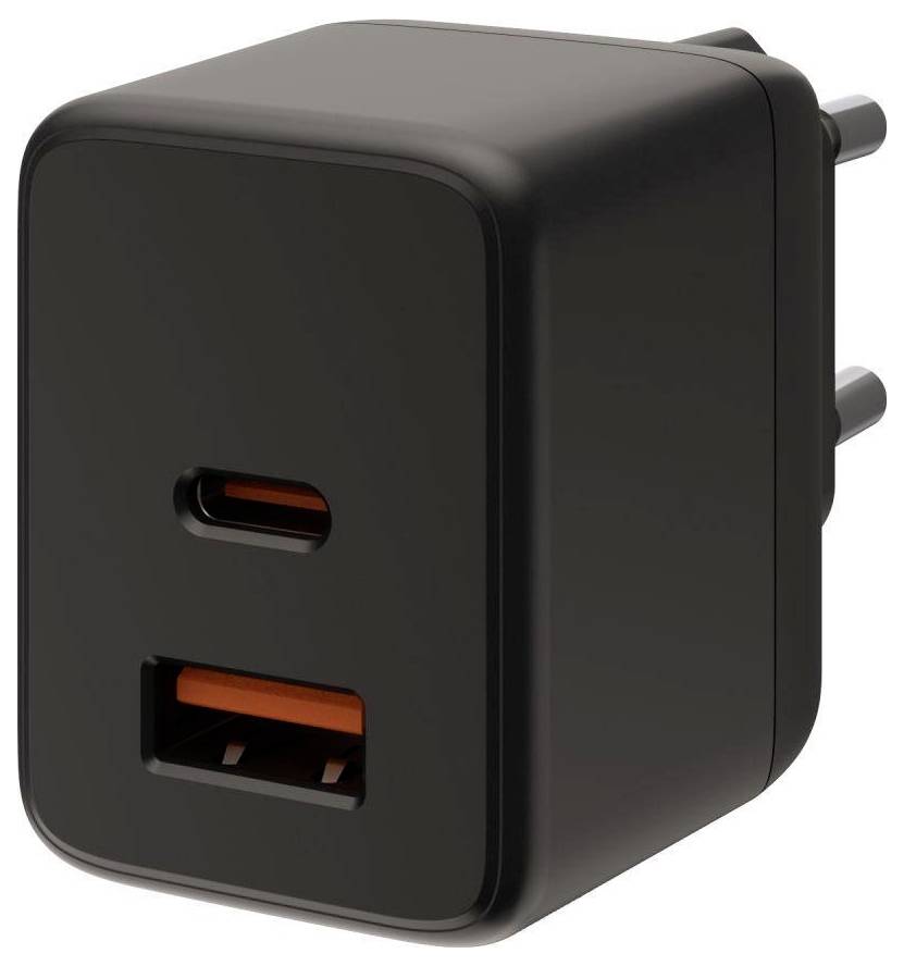 Črni USB nabijač za steno z dvema sprednjima vhodoma, vhodom USB-C na vrhu in vhodom USB-A spodaj, prikazan v 3D na beli podlagi