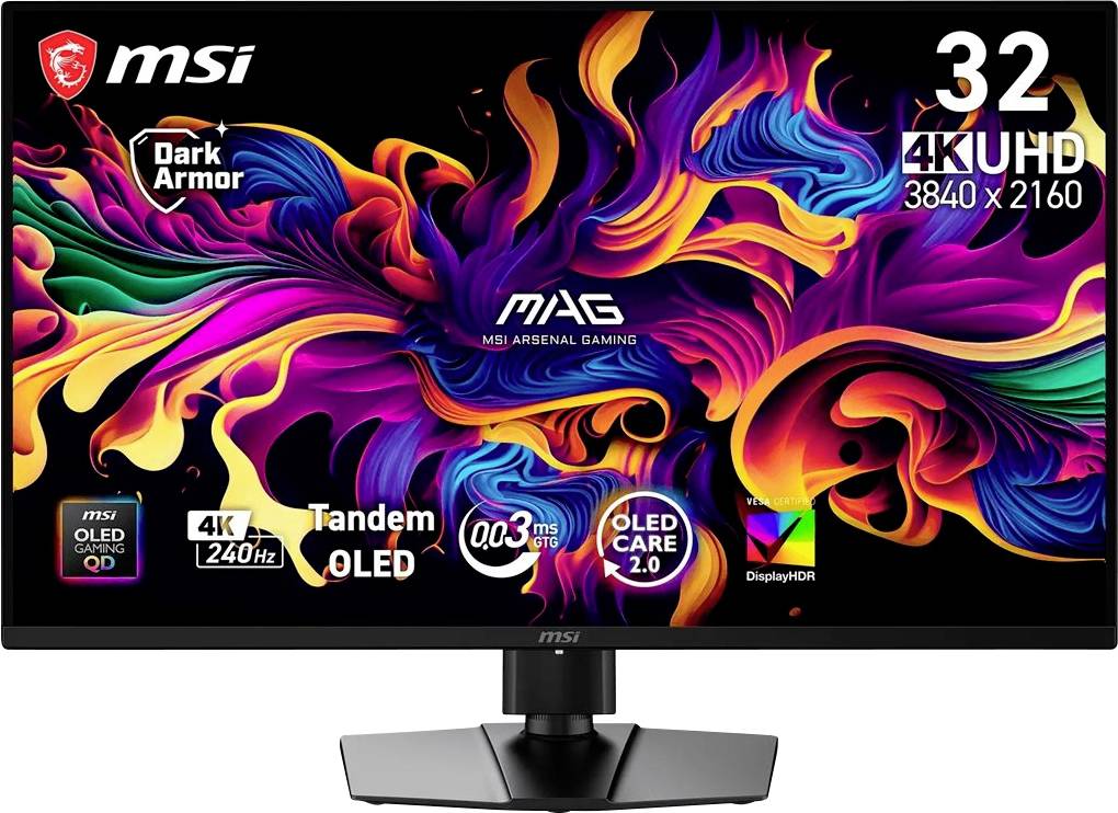 MSI MAG gaming monitor prikazuje barvite abstraktne neonske valove, označen kot 32-inčni 4K UHD 3840 x 2160 z OLED, 240Hz, 0,03ms in DisplayHDR značilnostmi.