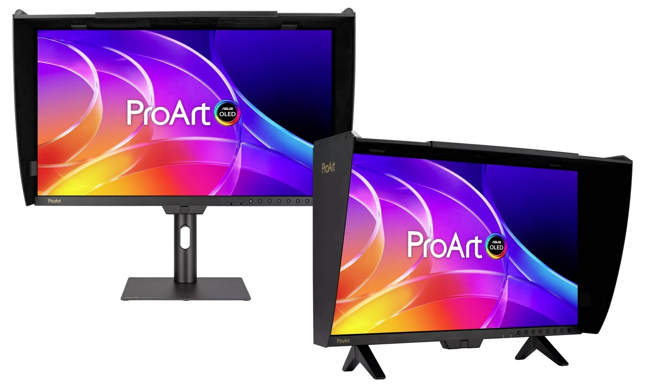 Dva monitorja ASUS ProArt OLED prikazana na belem ozadju, ena na stojalu in ena v orizontalni orientaciji na razstavnih nogicah, ki prikazujeta barvit logotip ProArt.