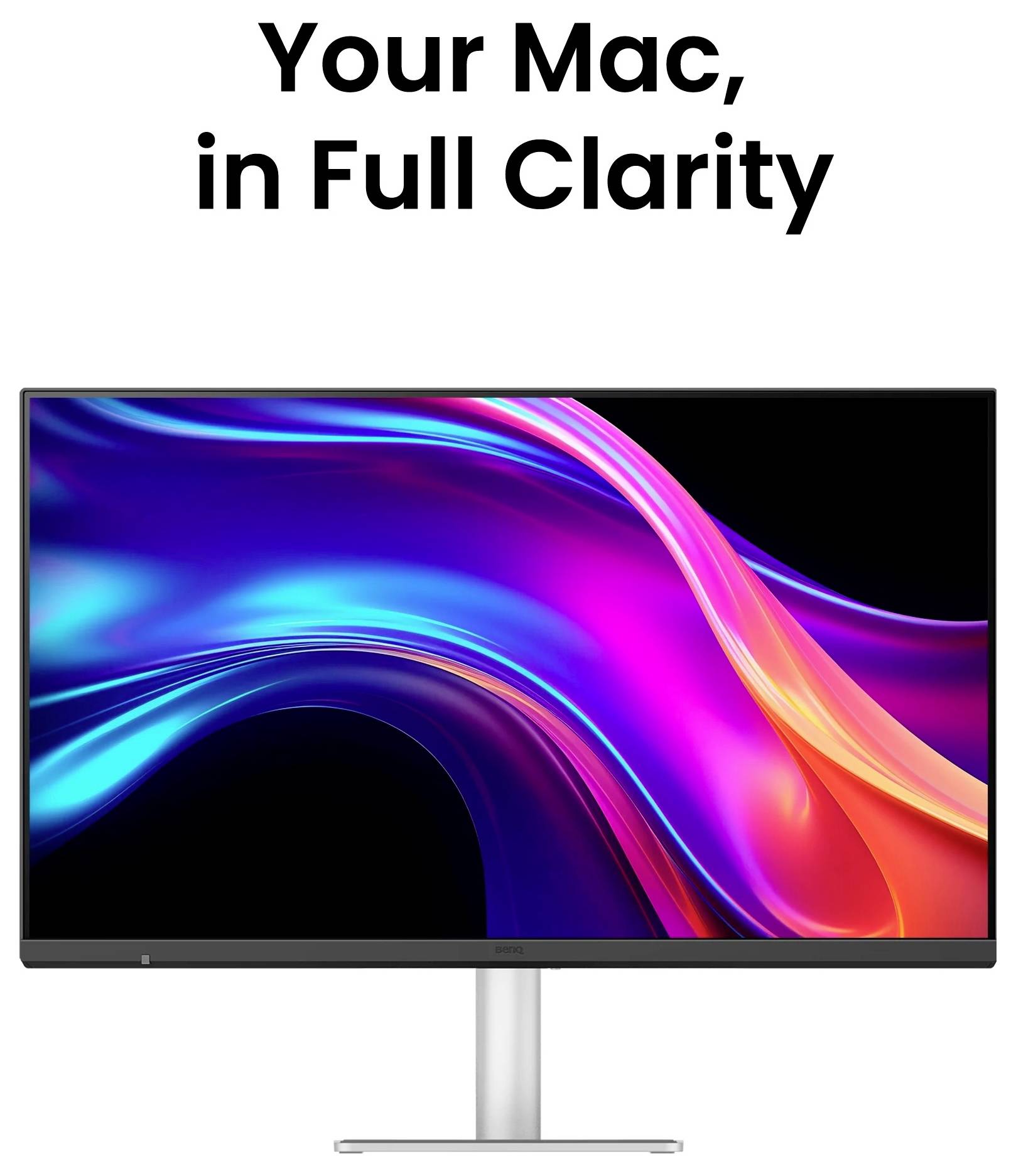 Promocijska slika Mac monitorja z barvito abstraktno zaslono in naslovom "Vaš Mac, v polni jasnosti" nad njim.