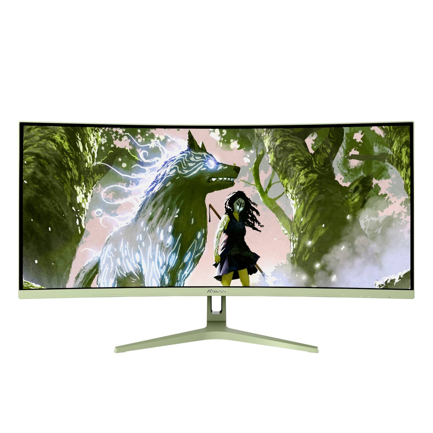 Ukrivljen gaming monitor prikazuje anime-sličko deklice, ki stoji ob svetlečem volku v sceni iz gozda.