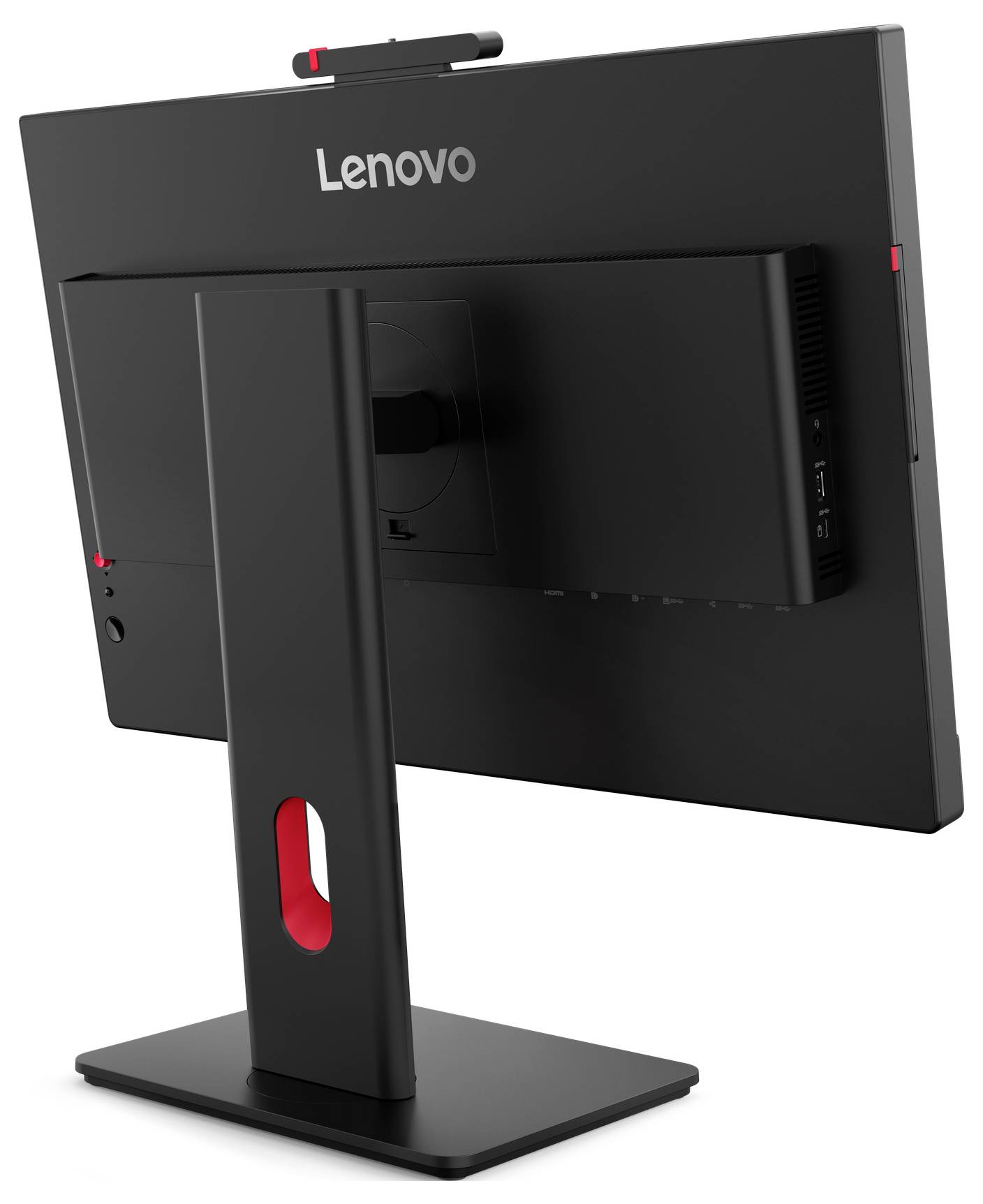 Pogled od zadaj na Lenovo sistem vse v enem namiznega računalnika na stojalu, ki prikazuje zadnji panel monitorja, vhode in nastavljivo podporno osnovo.