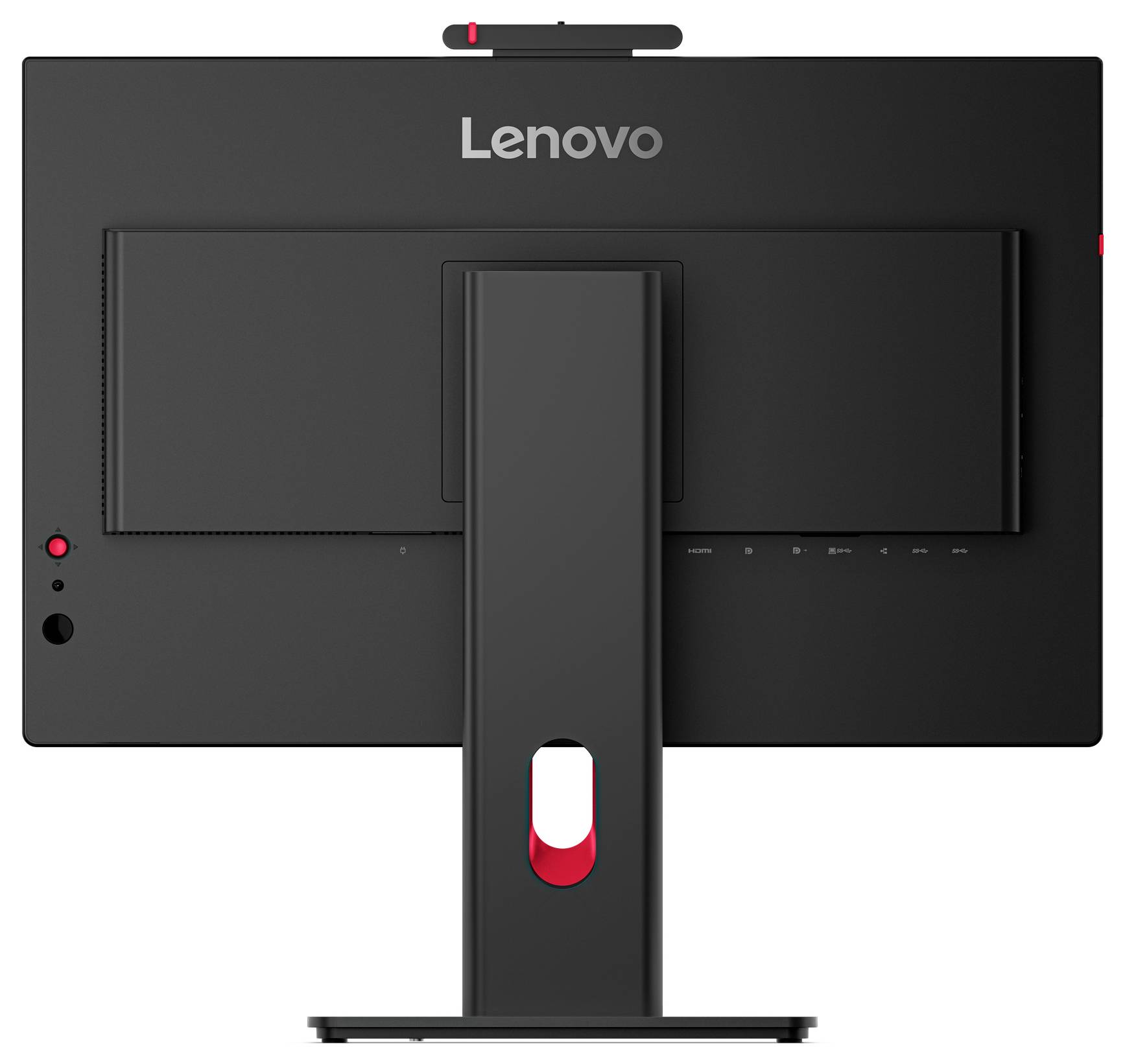 Pogled od zadaj Lenovo monitorja, ki prikazuje stojalo, nadzorne elemente na hrbtni plošči in osrednje nameščen logotip.