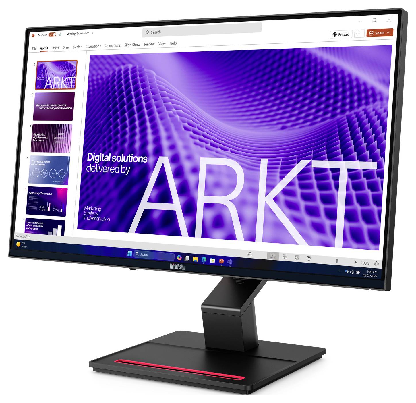 Namizni monitor prikazuje diapozitiv predstavitve z velikim besedilom »ARKT« in frazo »Digitalne rešitve, ki jih zagotavlja« na vijoličnem abstraktnem valovitem ozadju.