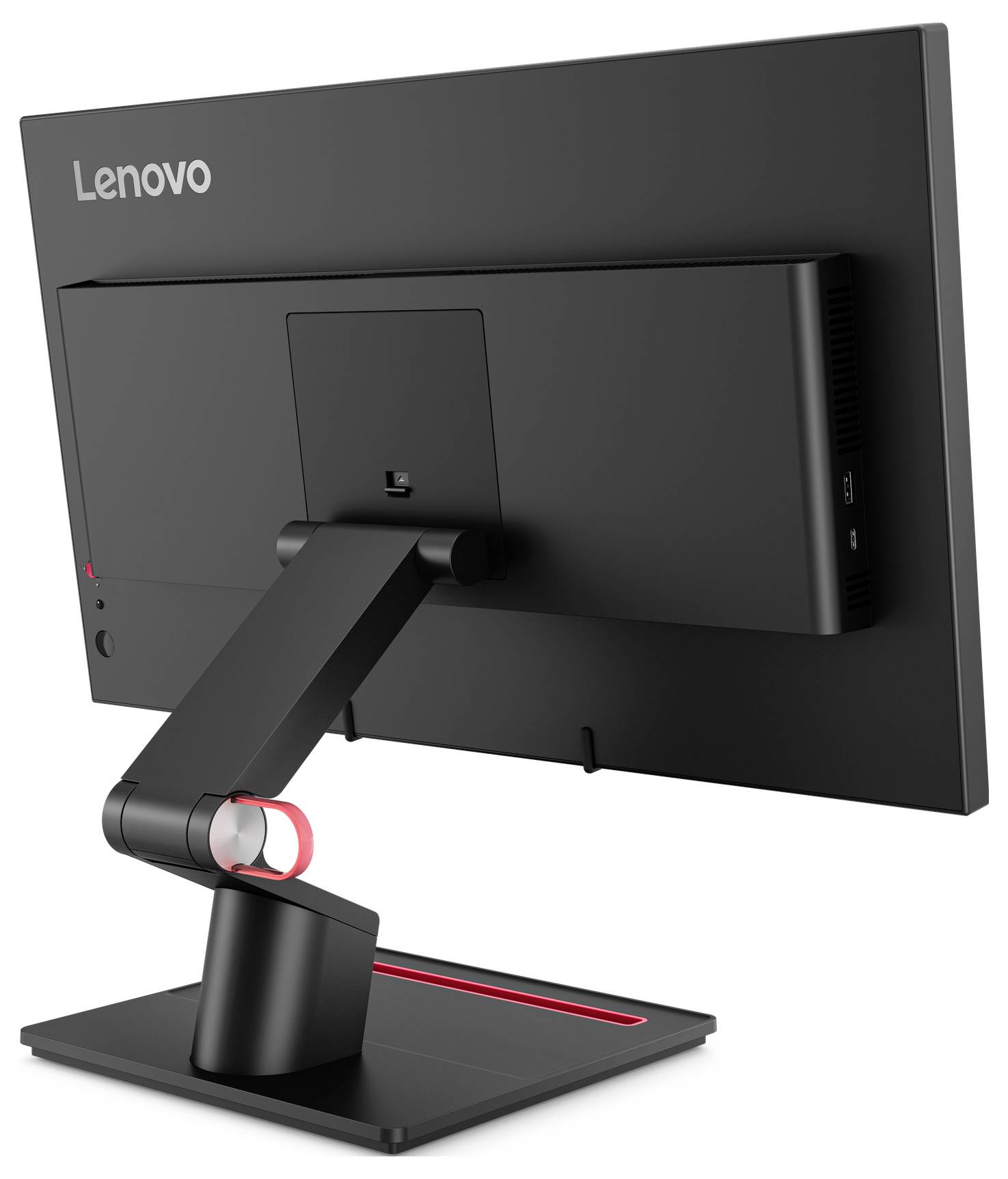 Pogled od zadaj na monitorja Lenovo „all-in-one" namiznega računalnika z nastavljivo stojalo in osnovo, prikazan iz poševnega vidika.