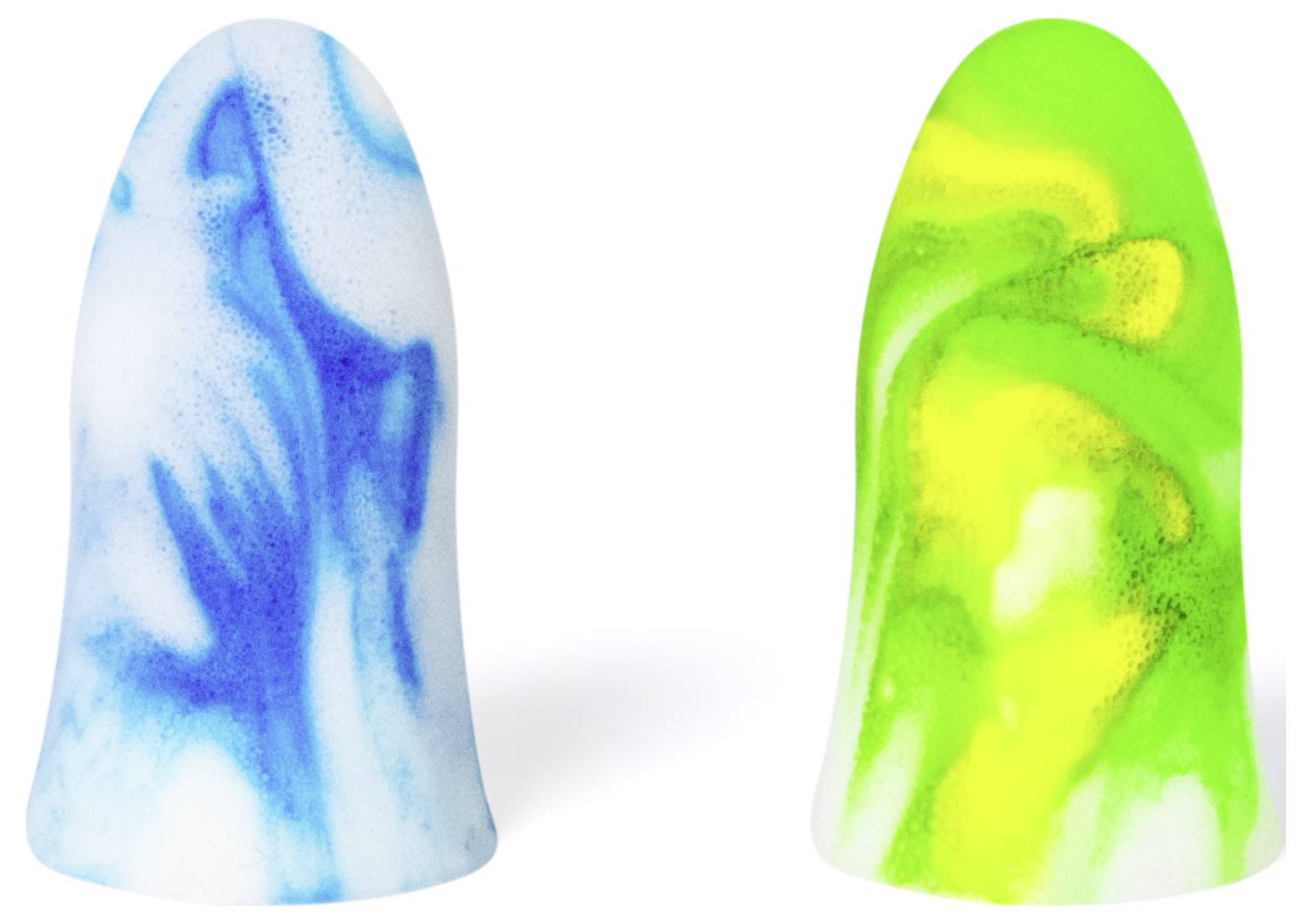 Dva pisana stožčasta predmeta drug ob drugem, eden modro-bel, drugi fluorescenčno zeleno-rumen, na belem ozadju.