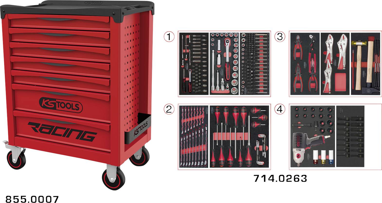 Rdeča orodjarna KSTools Racing z vlečnimi predali; štiri vstavljena pola prikazujejo vključene garniture orodja in številke modelov 855.0007 in 714.0263.