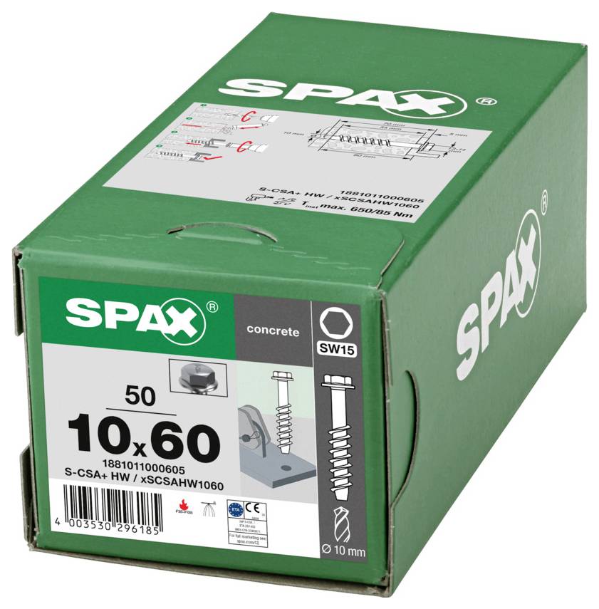 Zelena škatla SPAX betonskih vijakov, označena s SW15, 10x60, 50 kosov, s produktnim diagramom in črtno kodo na sprednji strani.