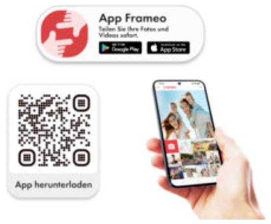 Promocija za 'App Frameo' s značkami Google Play in App Store, QR kod za prenos aplikacije in roka, ki drži telefon z vmesnikom aplikacije.