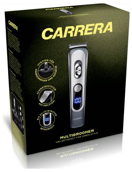 Carrera Multigroomer kompletu za nego s sliko strojčka in ikonami funkcij na črno-zlatem pakiranju.
