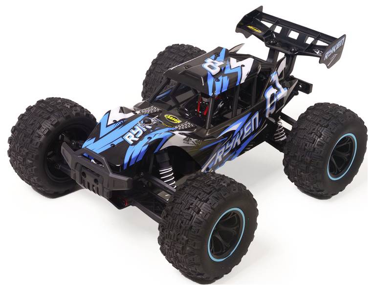 Črno-moderni daljinsko vodeni terenski buggy z nadmajhnimi pnevmatikami in zadnjim krilom na belem ozadju.
