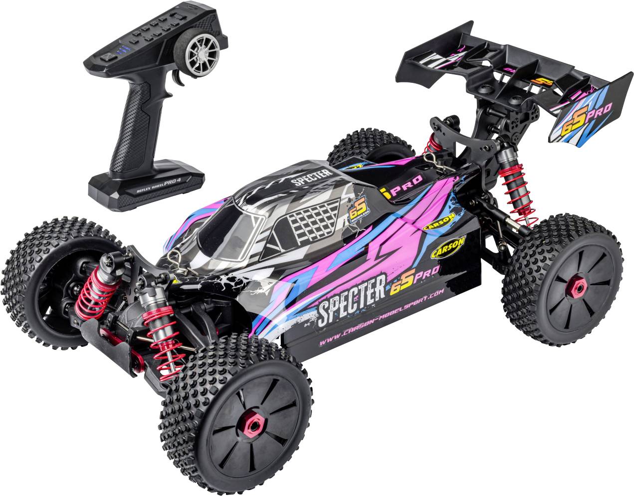 Daljinsko vodljiv terenski buggy s pištolskim ročajem upravljalnika, prikazan v studijski pogledu s črnim, rožnatim in modrim telesom, štirimi grobljenimi pnevmatikami in zadnjim krilom.