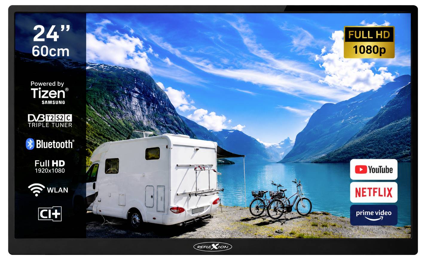 24-palčna LED TV promocijska slika, ki prikazuje avtodom ob gorskem jezeru, z značkami funkcij za Full HD 1080p, Tizen, Bluetooth, WLAN in aplikacije za pretakanje, kot so YouTube, Netflix in Prime Video.
