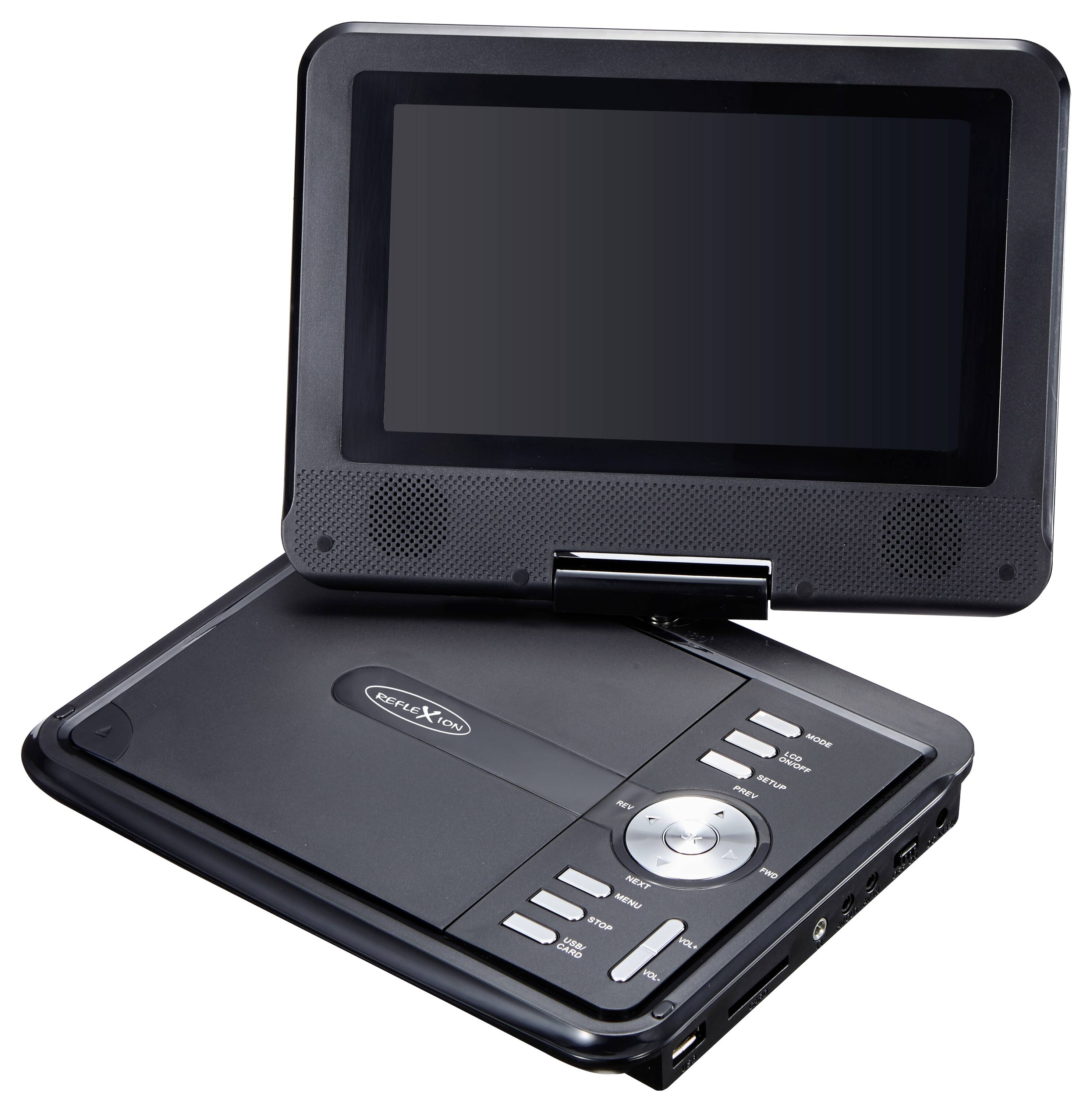 Prenosni DVD predvajalnik s preklopljivo LCD zaslonom, odprto nad ploščo za diske, in kontrolnimi gumbi.