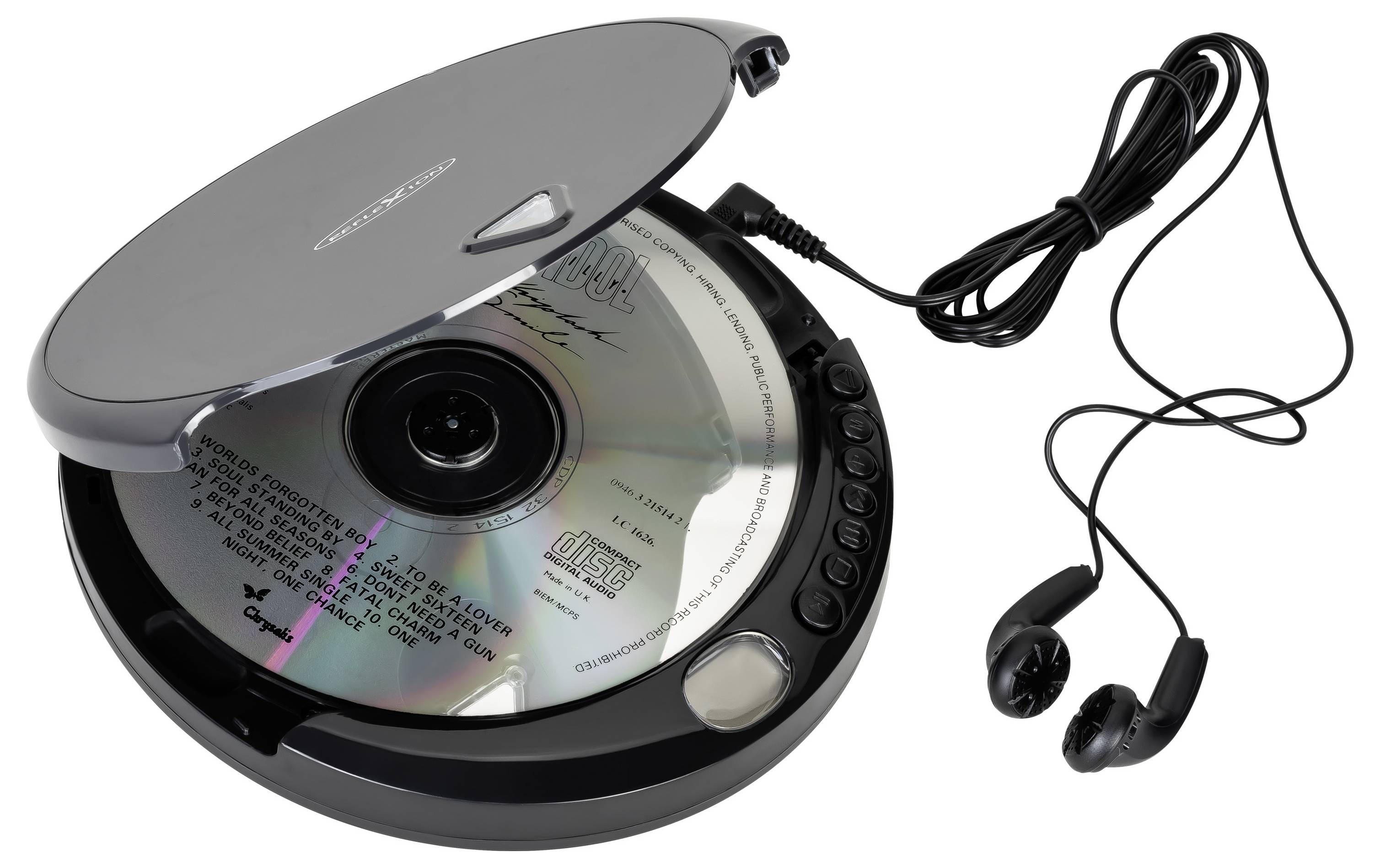 Prenosni CD predvajalnik z odprtim pokrovom, ki prikazuje disk v notranjosti in priložene žične slušalke, na belem ozadju.