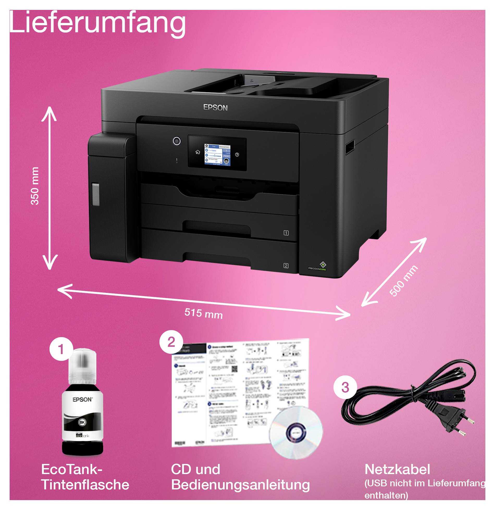 Tiskalnik Epson EcoTank prikazan z dimenzijami 515 mm širine, 350 mm višine, 500 mm globine; vključuje stekleničko črnila, CD/priročnik in napajalni kabel.