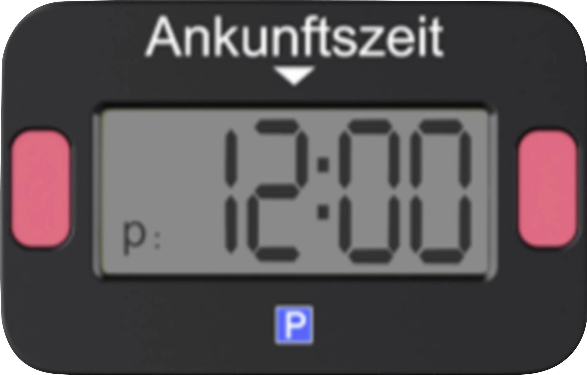 Digitalni zaslon za parkiranje z »Ankunftszeit« (časom prihoda), nastavljen na 12:00 in s simbolom modrega parkiranja »P«.