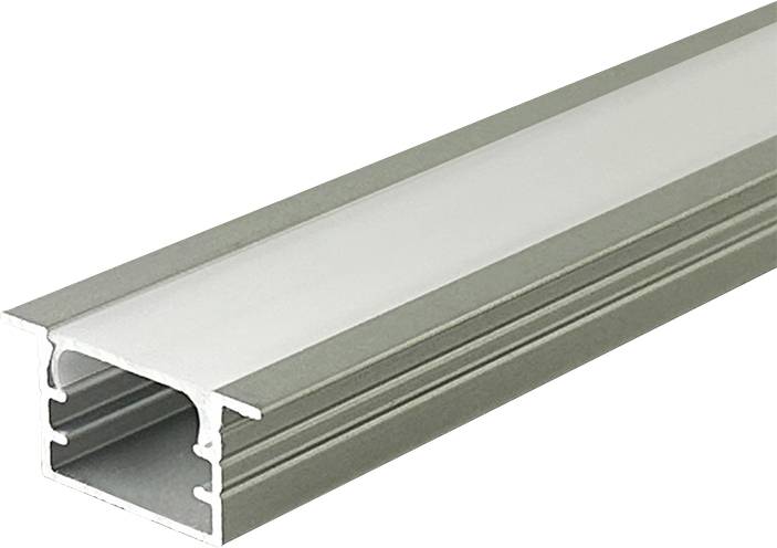 Srebrni aluminijasti LED svetlobni kanalni profil s pravokotnim izrezom in valovitimi stranicami, prikazan v detajlnem pogledu na beli podlagi.