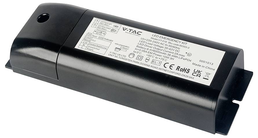 Črn komplet V-TAC LED zasilnega modula s posebno belo oznako s specifikacijami proizvoda na vrhu.